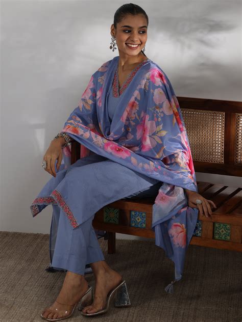 Buy Blue Embroidered Cotton Straight Suit With Dupatta Online at Rs ...