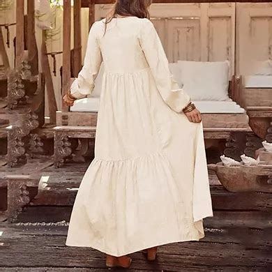 Womens Maxi Dresses V Neck Button Long Sleeve Casual Boho Flowy Beach ...