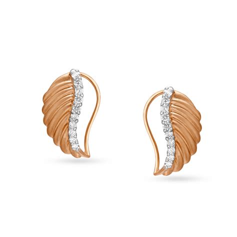 Half Leaf Rose Gold and Diamond Stud Earrings