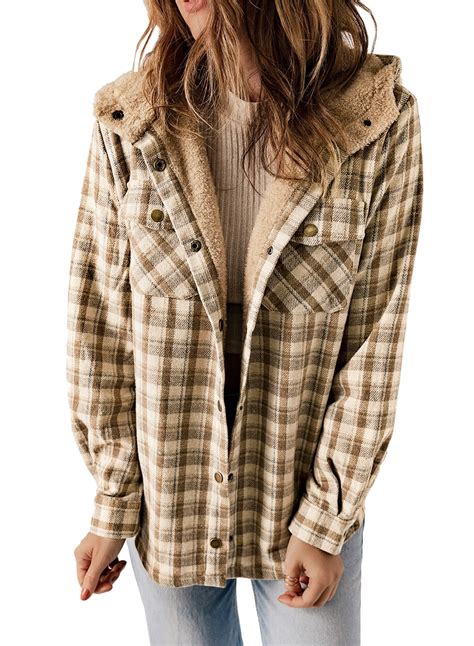 EVALESS Women's Plaid Flannel Hooded Shacket, Long Sleeve, Fleece Lined ...