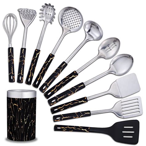 Stainless Steel Kitchen Tools with Soft Handle 11 Piece Black Kitchen ...