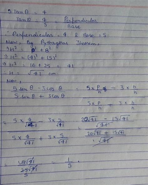 If 5 tan theta = 4 then value of 5 sin theta - 3 cos theta/ 5sin theta ...