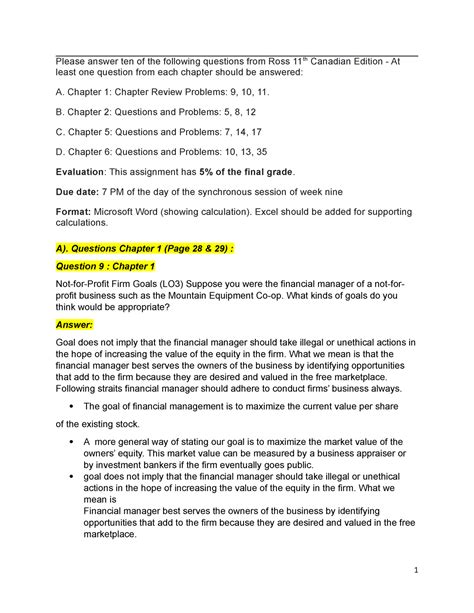Assignment 1 - Finance - Copy - Please answer ten of the following ...
