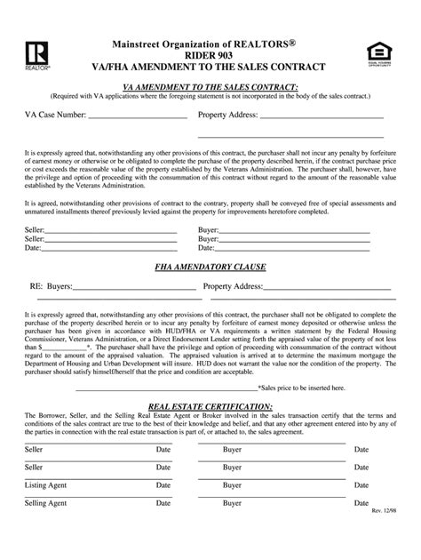 VA/FHA Amendment to Sales Contract - Blank Fillable Template | Fill Out ...