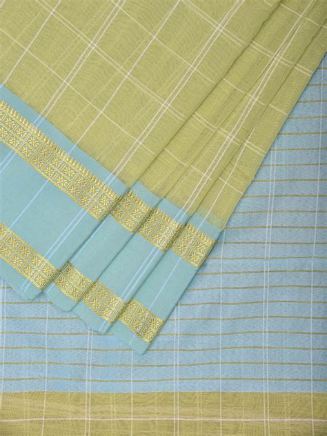 Light Green and Light Blue Bamboo Cotton Saree with Big Checks Design ...