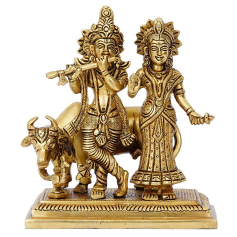 Golden Radha Krishna with Cow Brass Statue - eCraftIndia Online