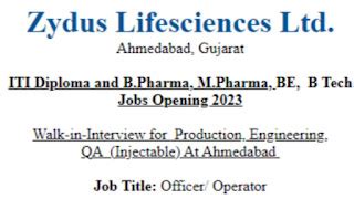 Zydus Lifesciences Walk-in-Interview: ITI Diploma and B Pharma, M ...