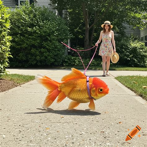 A woman walks a giant goldfish on a pink leash down a suburban sidewalk ...