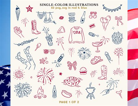 Hand Drawn USA Clipart, Coquette 4th of July Doodles, Handdrawn ...