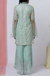 Buy Green Organza, Net, Georgette, Modal Embroidery V-neck Kurta ...