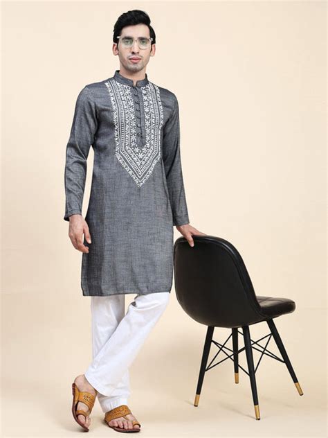 Men's Grey Chikankari Kurta - House Of Kari (Chikankari Clothing)