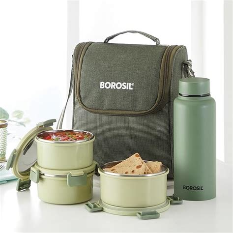 Buy Borosil Glory Green Stainless Steel Lunchbox with Bag | 3 pcs Set ...