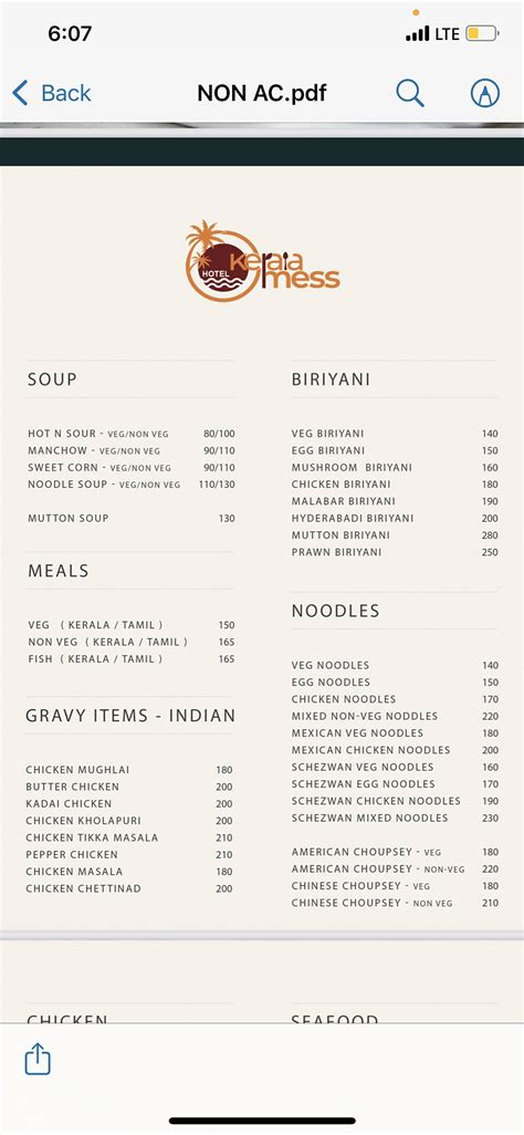 Menu at Kerala food hub, Thiruverumbur