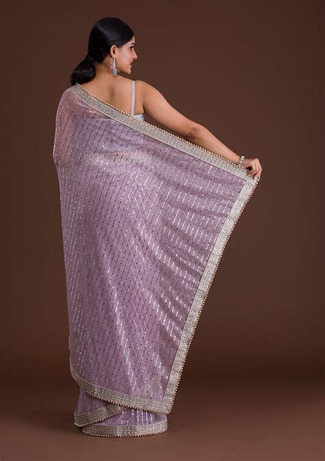 Buy Lavender Mirrorwork Net Saree - Koskii