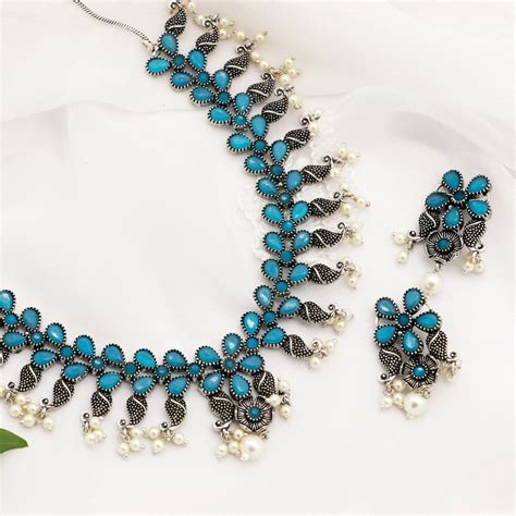 Niranjana Light Blue Stone Silver Oxidized Necklace Set – Teejh