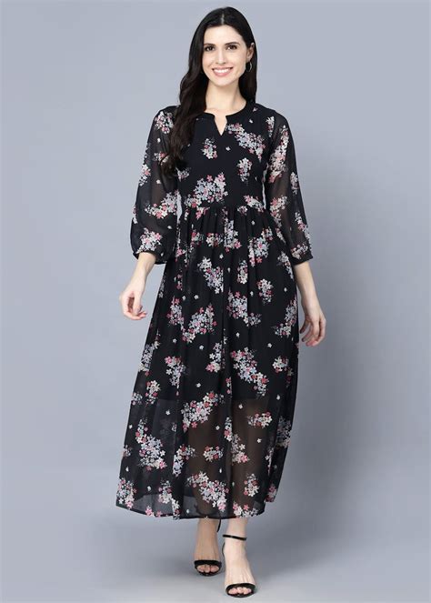 Get Black Floral Keyhole Neck Georgette Maxi Dress at ₹ 920 | LBB Shop