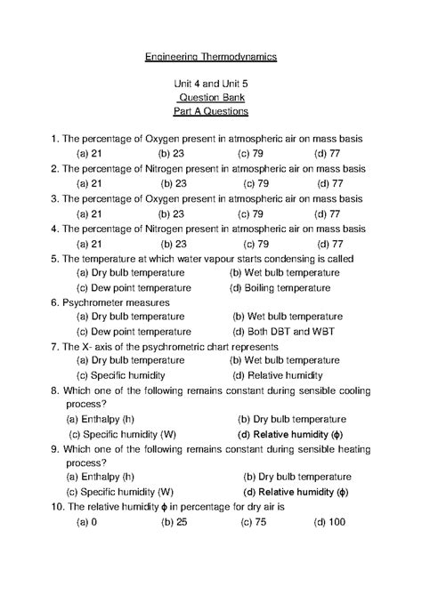 Engineering Thermodynamics Question Banl Unit 3 and Unit 4 MCQ and Part ...