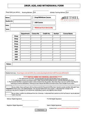 DROP, ADD, AND WITHDRAWAL FORM - Bethel University - Bethelu - Fill and ...