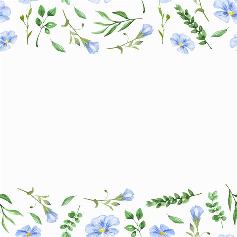Watercolor spring floral frame blue flowers and green leaves seamless ...