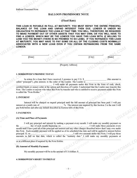 Balloon Unsecured Promissory Note | US Legal Forms