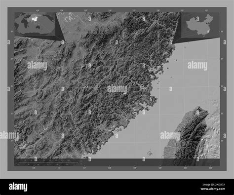 Fujian, province of China. Bilevel elevation map with lakes and rivers. Corner auxiliary ...