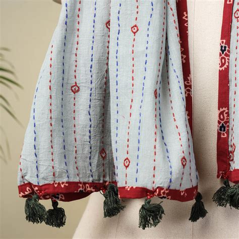 Marudhara Tagai Work Ajrakh Border Cotton Stole with Tassels