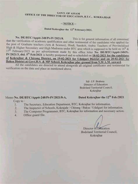 Merit list of BTC Kokrajhar TET Graduate Teacher 2021