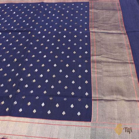 Navy Blue Pure Cotton Real Zari Banarasi Handloom Saree - Tilfi