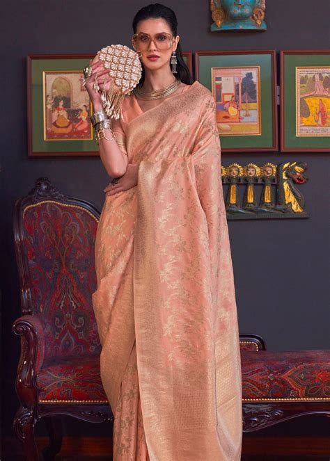 Gooseberry Peach Banarasi Katan Silk Saree – Zari Banaras