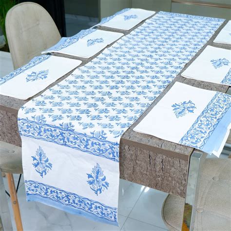 Block Printed Cotton Table Runner (13x72") with 6 Placemats (13x19 ...