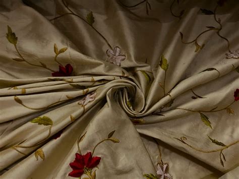 100% Silk dupioni silk beige with blood red floral embroidery 110" wid ...