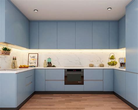 U-Shaped Blue Modern Kitchen Design With A Marble Backsplash | Livspace