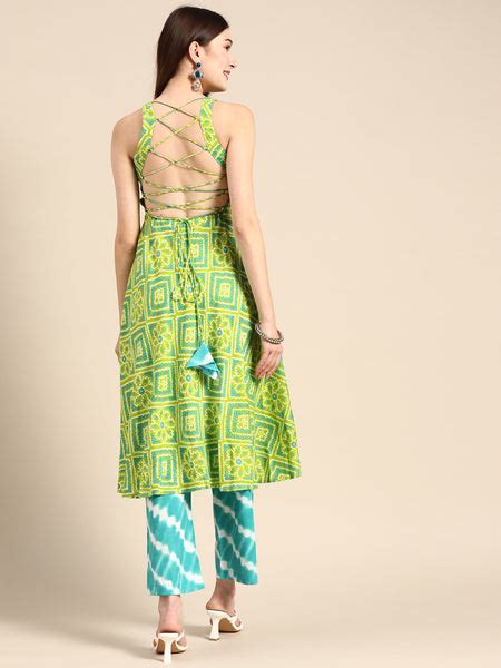 Buy Deep back tie up kurta palazzo in Lime Green for Women
