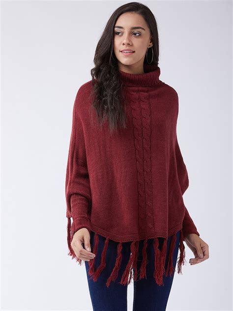 Maroon High Neck Poncho - InWeave