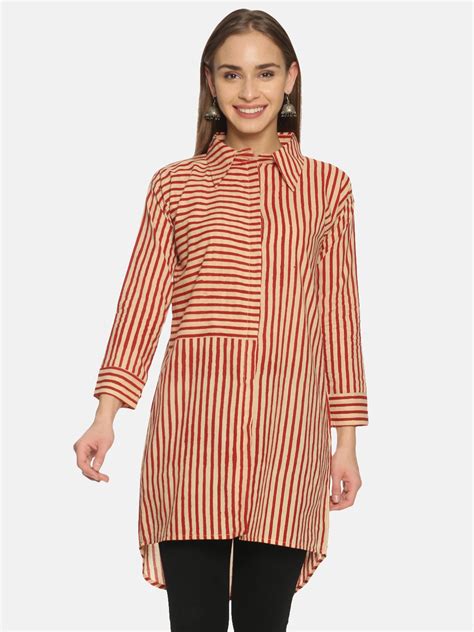 Red and Beige Striped Hand Block Printed Cotton Over-Sized Long Shirt ...