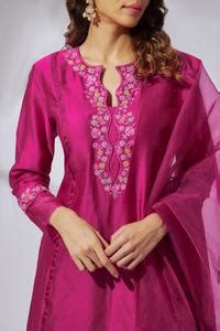 Buy Pink Chanderi, Viscose, Organza Beads Split V-neck Embroidered ...
