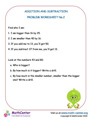 Addition and subtraction problems Worksheet No.2 | Worksheets | Math Center