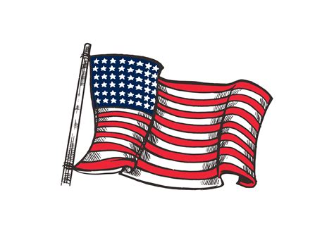 Hand drawn colorful American flag illustration isolated on white background. American flag ...