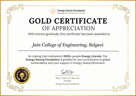 Jain College of Engineering, Belgavi awarded with Gold Certificate by ...