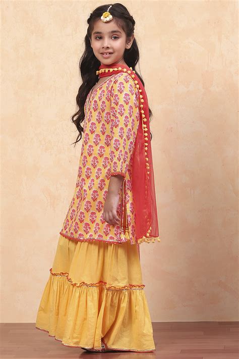 Yellow Cotton Straight Kurta Sharara Suit Set