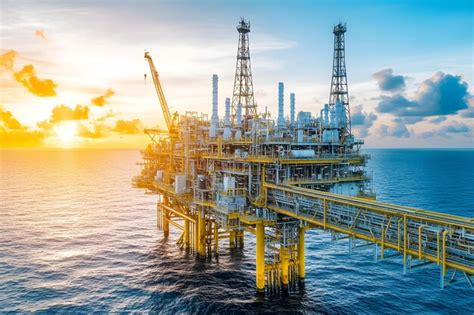Oil platform at sea during sunrise energy and petrochemical industry ...
