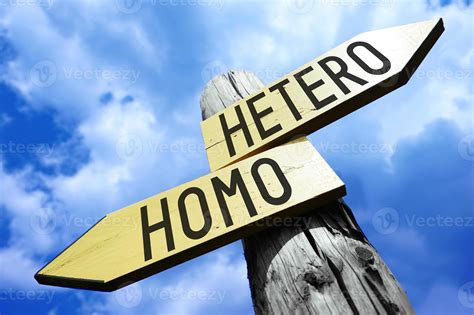 Hetero, Homo - Wooden Signpost with Two Arrows and Sky in Background ...