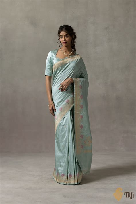 'Sophie' Light Blue Pure Katan Silk Banarasi Handloom Saree - Tilfi