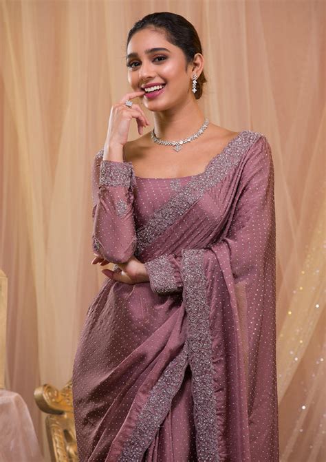 Buy Lavender Stonework Crepe Saree - Koskii
