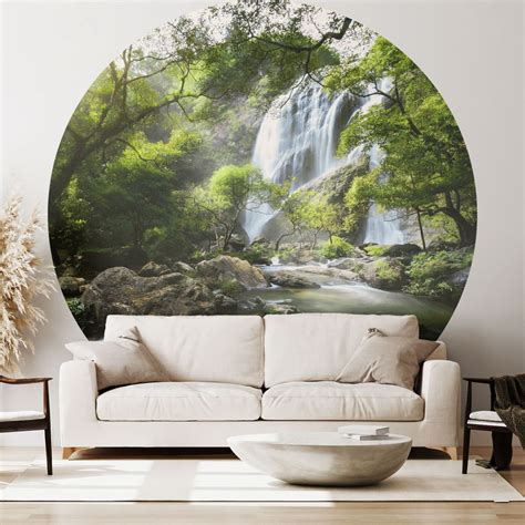 Round wall mural Waterfall in the forest - non self-adhesive/self ...