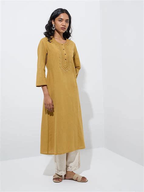 Buy Utsa Mustard Mirror Work A-Line Cotton Kurta from Westside