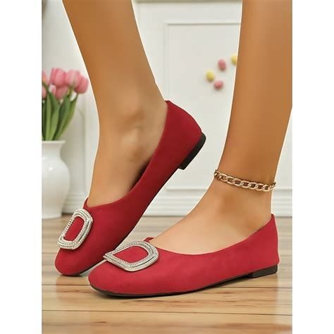 Women's Red Rhinestone Buckle Ballet Flats - Elegant Round Toe Slip-On ...