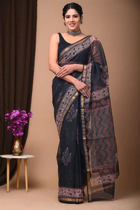 Buy Charade Black Handblock Kota Doriya Saree Online - MySilkLove