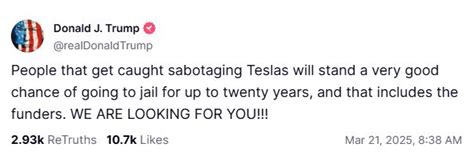 Trump says people sabotaging Teslas may go to jail for "up to twenty years"