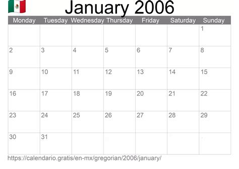 Calendar January 2006 from Mexico in English: Holidays and moon phase